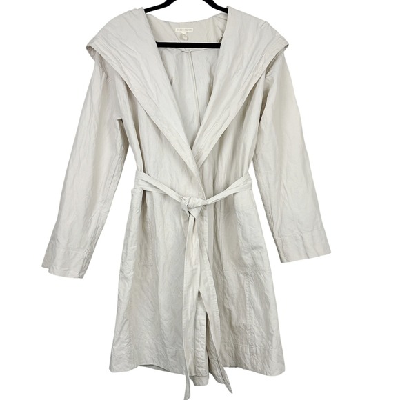 Eileen Fisher Hooded Belted Coat Small Beige Organic Cotton Blend Minimalist - Picture 1 of 16